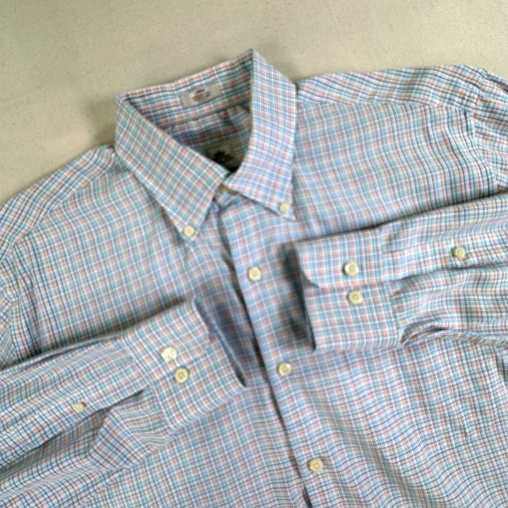 Peter Millar Mens Large Blue Orange Tattersall Check Cotton Button Down Shirt